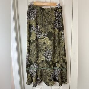 Vintage Green Boho Floral Paisley Print Whimsigoth Goblin Y2K Midi Skirt Size 12
